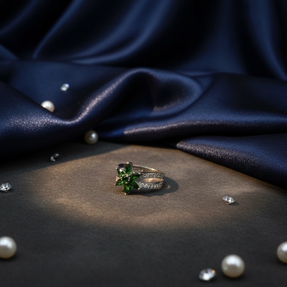 Green Emerald with double  band of cz Flower Ring stamped 925 - Picture 3 of 8